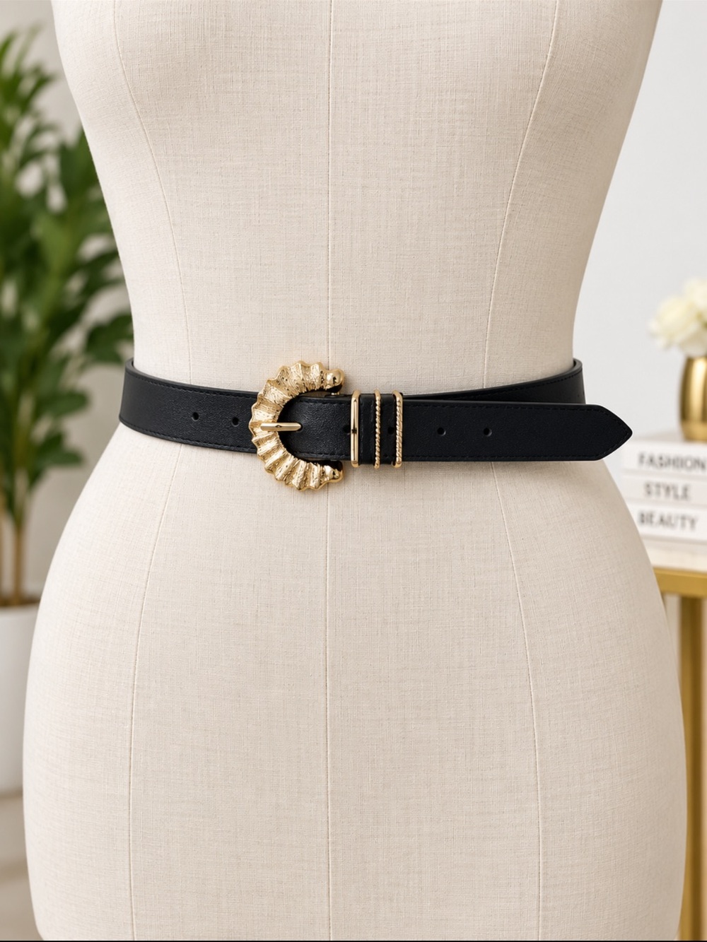 Ava & Viv Black Belt with Sculpted Gold Buckle